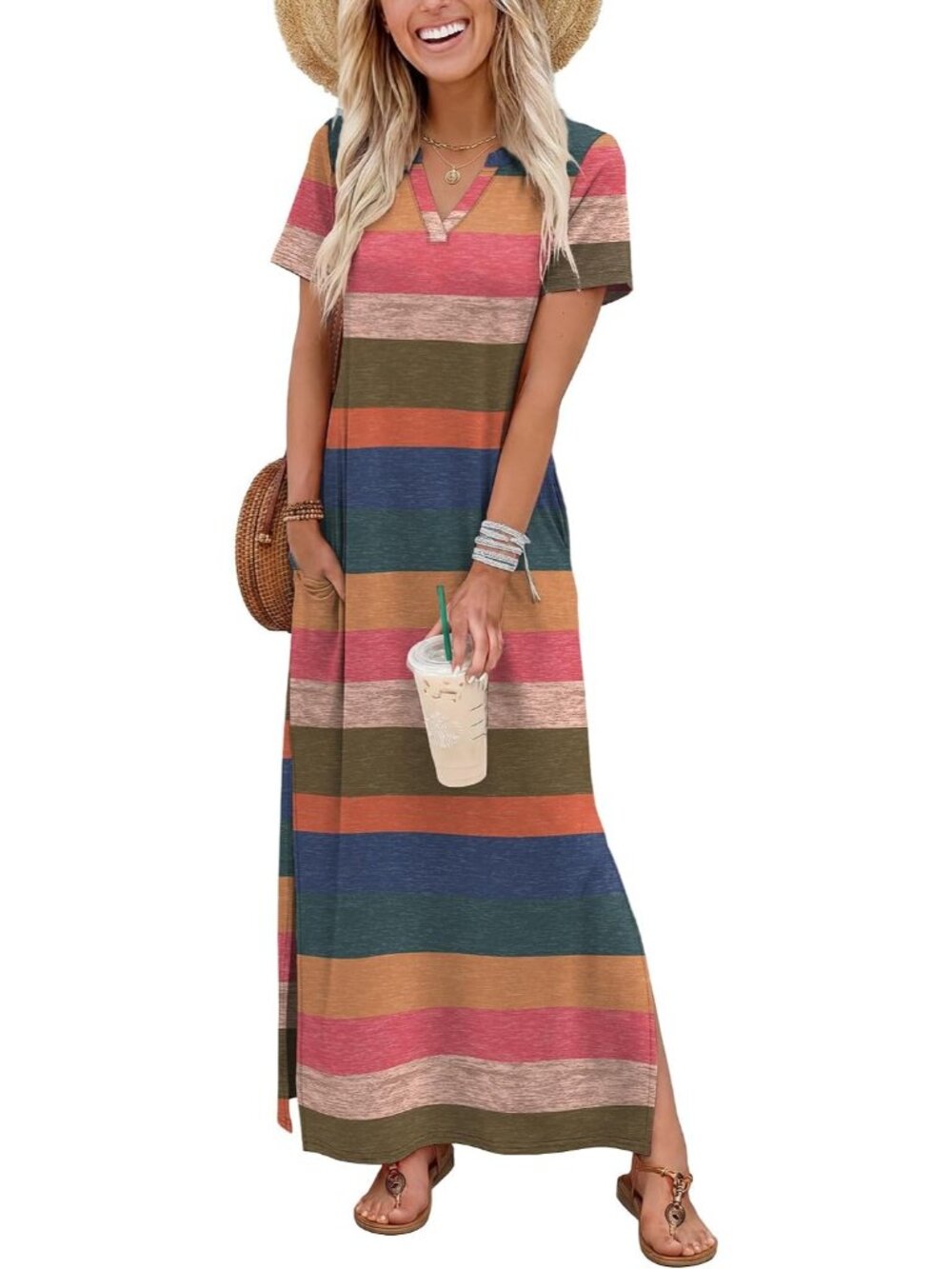 〽️Women's Multicolor Stripe Summer Maxi Dress V Neck Short Sleeve Pockets